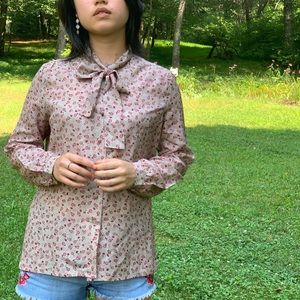 90s Vintage Grandma Floral Tie Bow Neck Blouses